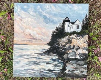 Bass Harbor Head Lighthouse Original Painting on Canvas, Acadia National Park Art, Maine Landscape Painting, Maine Gift, Mount Desert Island