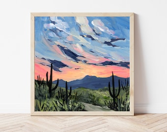 Saguaro Sunset Fine Art Print, Saguaro National Park Art, Arizona Desert Landscape Painting, Arizona Sunset, Arizona Gift, Cactus Wall Art