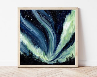 Alaskan Aurora Fine Art Print, Alaska Winter Landscape Painting, Alaska Gift, Northern Lights Art Print, Aurora Borealis Art, Cabin Wall Art