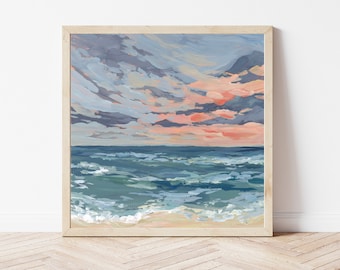 May include: A painting of a seascape with a blue and green ocean and a pink and gray sky. The ocean waves are crashing on the shore. The sky is filled with clouds.