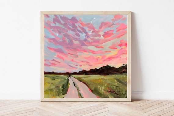 Oklahoma Sunset Fine Art Print, Rural Landscape Painting, Pink Sky Wall Art