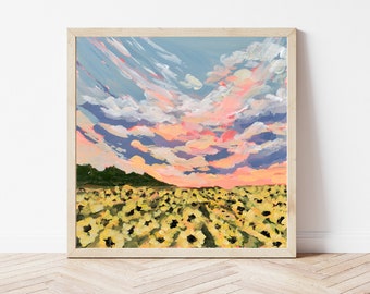 Kansas Sunflower Field Fine Art Print: Sunset Landscape Painting