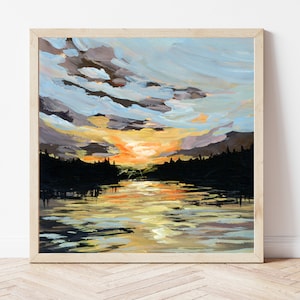 Lakeside Summer Sunset Fine Art Print, Lake Landscape Painting, Lake House Wall Art, Neutral Art Print, Lake House Gift, Sunset Painting