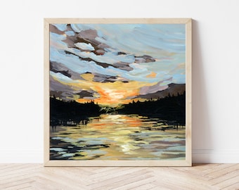 Lakeside Summer Sunset Fine Art Print, Lake Landscape Painting, Lake House Wall Art, Neutral Art Print, Lake House Gift, Sunset Painting