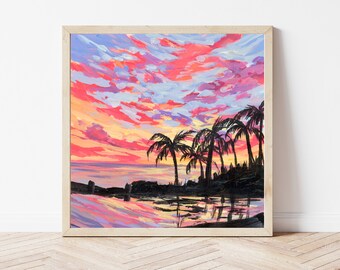 Hawaii Palm Tree Sunset Fine Art Print, Tropical Landscape Painting