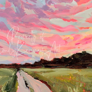 May include: A painting of a pink and blue sunset over a field with a dirt road leading into the distance. The sky is painted with thick strokes of color, and the field is a muted green. The text "Property of Emily Kenney Art" is visible in the upper left corner of the painting.