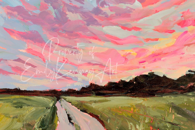 May include: A painting of a pink and blue sunset over a field with a dirt road leading into the distance. The sky is painted with thick strokes of color, and the field is a muted green. The text "Property of Emily Kenney Art" is visible in the upper left corner of the painting.