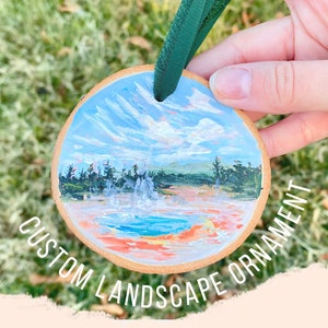 Custom Landscape Painting Ornament, Personalized Travel Gift, Hand Painted Engagement Gift