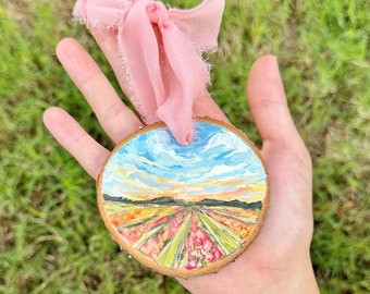 Texas Tulip Field, Hand Painted Christmas Ornament, Wood Slice Ornament, Flower Field Artwork, Floral Acrylic Painting, Texas Hill Country