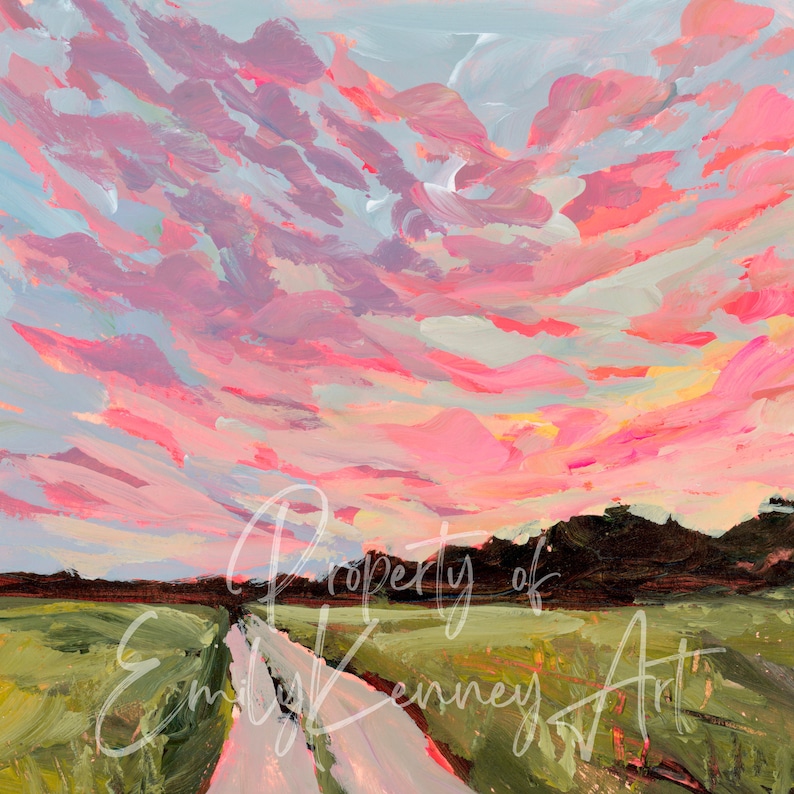 May include: A painting of a pink and blue sunset over a field with a white dirt road leading into the distance. The text "Property of Emily Kenney Art" is visible in the bottom right corner of the painting.