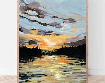 Lakeside Sunset Fine Art Print, Neutral Lake House Wall Decor