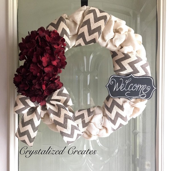 White Burlap Wreath, Spring Wreath, Burlap Wreath, Burgundy Hydrangeas, Gray Chevron, Valentines Day Wreath, Valentines Day