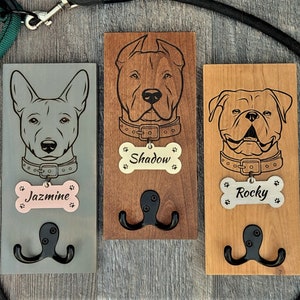 Personalized Dog Leash Holder - Dog Leash Hooks - Dog Face with Name, ID Tag, and Double Hook - Dog Lover Gift - Dog Leash Hanger