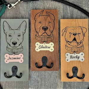 Personalized Dog Leash Holder - Dog Leash Hooks - Dog Face with Name, ID Tag, and Double Hook - Dog Lover Gift - Dog Leash Hanger