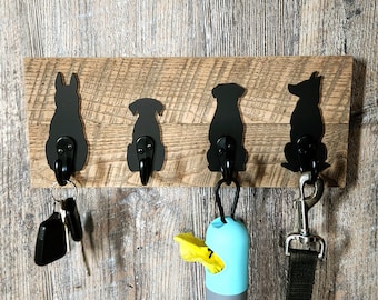 Dog Leash Hooks - Reclaimed Barn Wood - Wall Mounted Key Hooks - Coat Hooks - Hat Hooks - Sitting Dog Silhouette - Dog Lover Gift