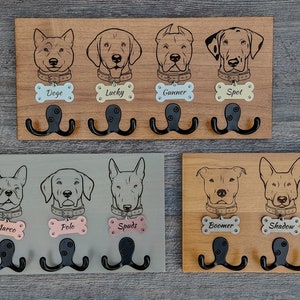 Personalized Dog Leash Holder - Multiple Dog Faces with Name, ID Tag, and Hooks - Dog Lover Gift - Dog Leash Hanger - Dog Leash Hooks