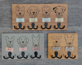 Personalized Dog Leash Holder - Multiple Dog Faces with Name, ID Tag, and Hooks - Dog Lover Gift - Dog Leash Hanger - Dog Leash Hooks