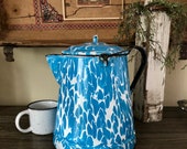 Large Vintage Blue and White Enamelware Pot With Handle Farmhouse Decor Collectible Enamelware