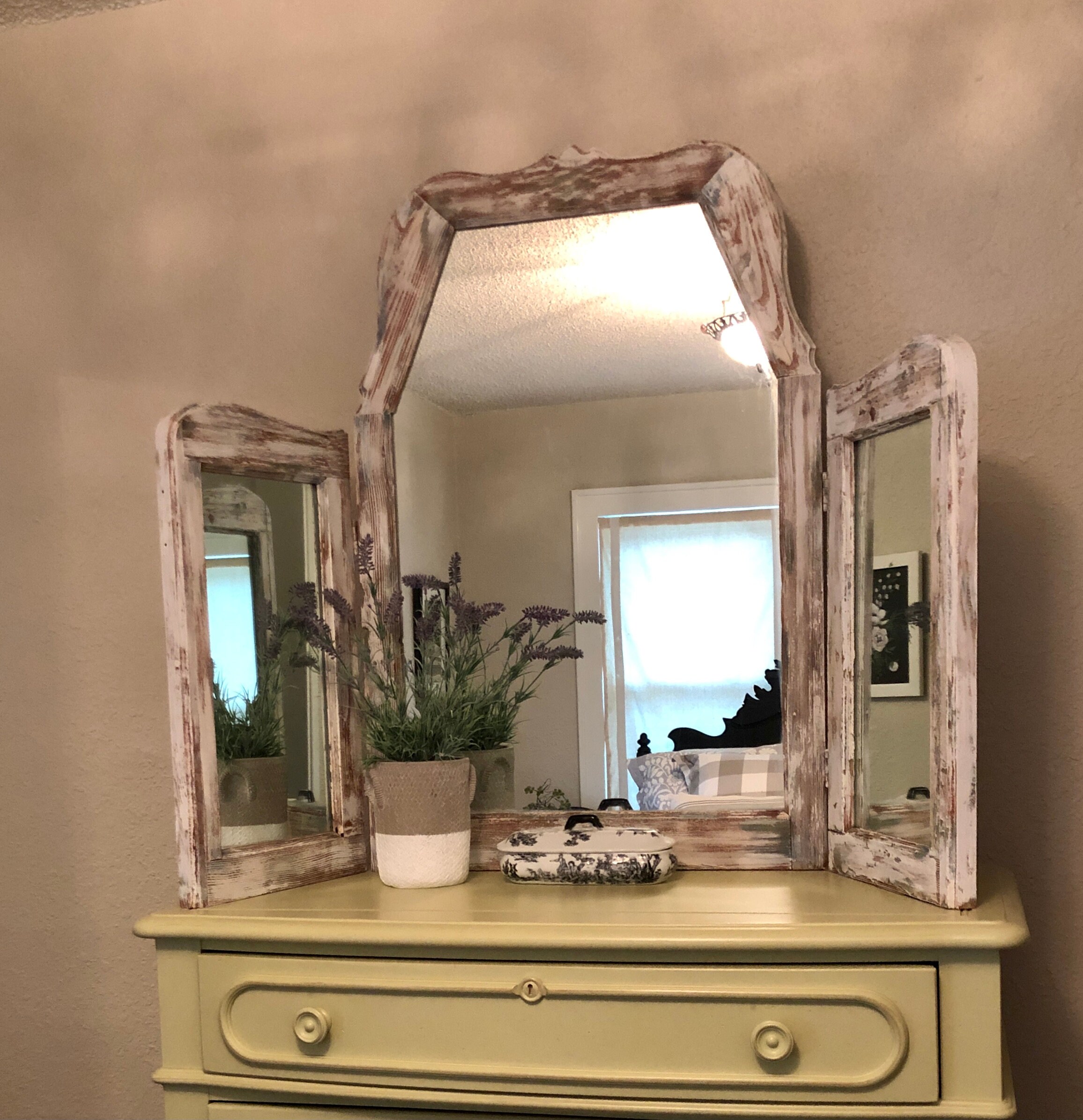 Large Hand Made Wood 3 Part Mirror Table Top Mirror Etsy