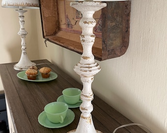 Pair of White Metal Buffet Lamps With Metal Shades