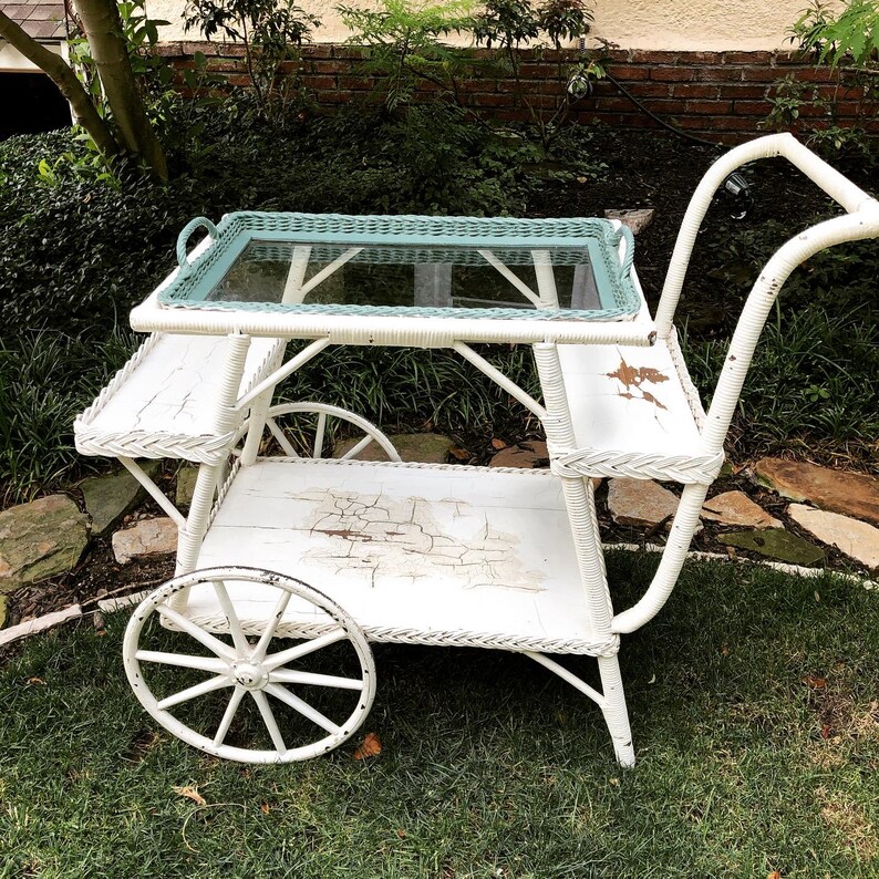 Vintage White Wicker Rolling Cart Bar Cart Etsy