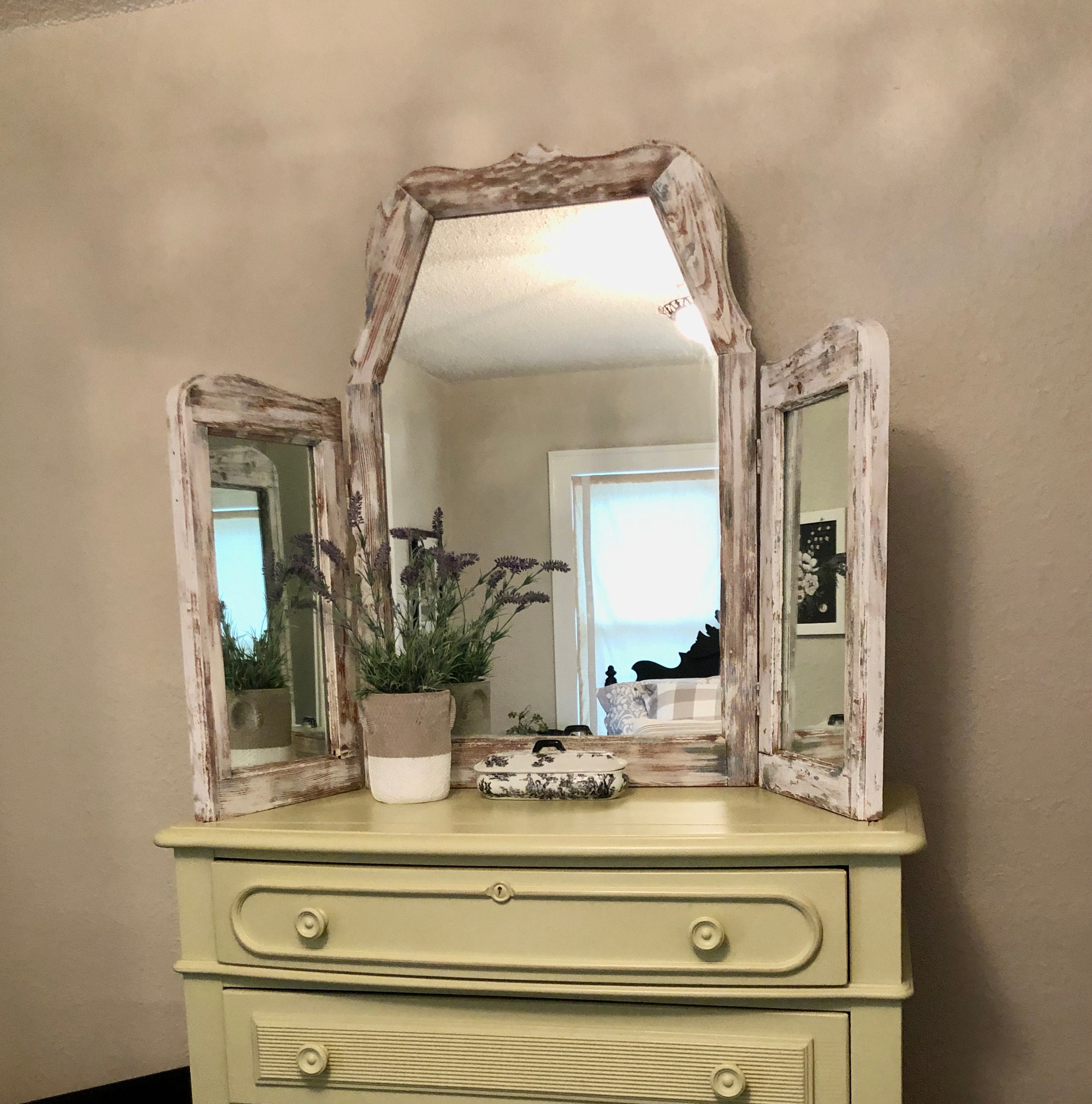 Large Hand Made Wood 3 Part Mirror Table Top Mirror Etsy