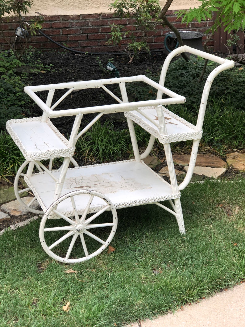 Vintage White Wicker Rolling Cart Bar Cart Etsy