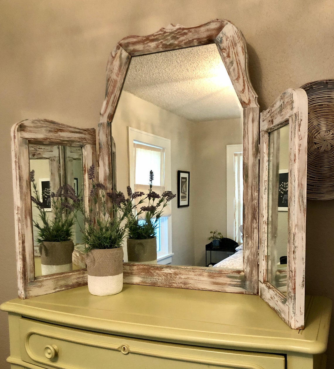 Large Hand Made Wood 3 Part Mirror Table Top Mirror Etsy