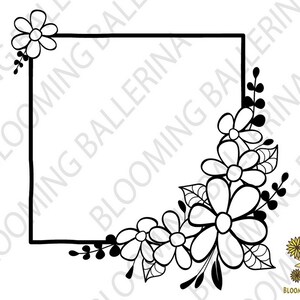 May include: A black and white floral frame with a square border. The frame is decorated with stylized flowers and leaves. The frame is perfect for adding a touch of elegance to your designs.