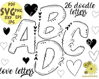 26 Doodle Love Letters SVG, Valentines Alphabet Svg, Boogie Letters Cut file, Doodle Letters Monogram,Alphabet PNG file, Zentangle Svg, PNG