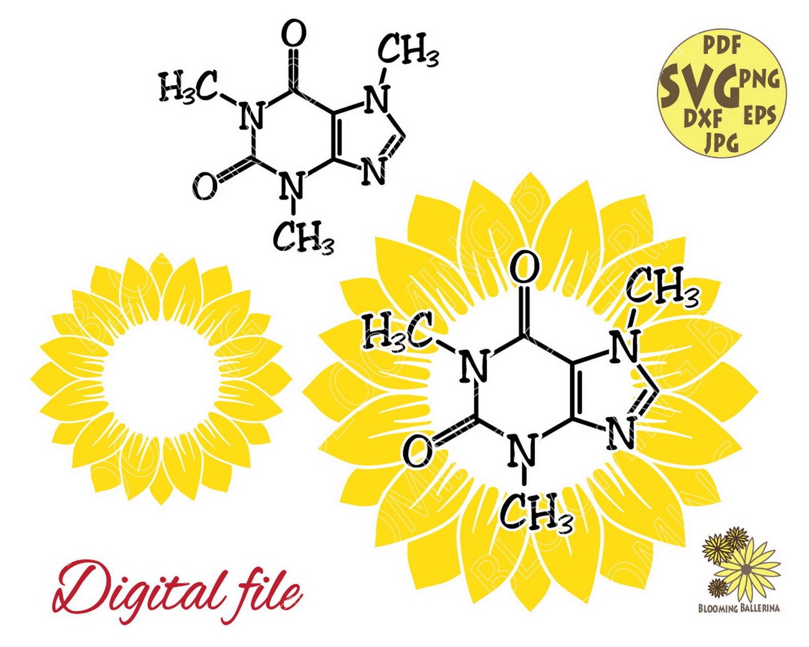 Sunflower With Caffeine Molecule Svg File, Sunflower Svg, Flower Coffee ...