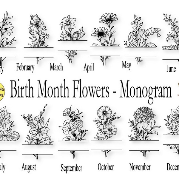 Monogram Birth Month Flowers Svg, Birth Month Flower, Chemise avec fleurs de naissance, bouquet de fleurs, tatouage de fleur, tatouage de mois de naissance et bouquet de la mariée