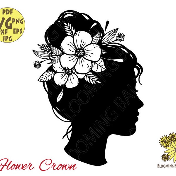 Womans face SVG file, Flower Crown,Woman head svg, Female svg file,Woman cut file, Woman svg file, Womans Profile Silhouette,Hair Flower Svg