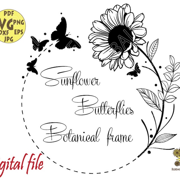 Flower Circle Frame with Sunflower Leaves and Butterflies Svg file, Butterfly Wreath svg, Sunflower svg, Monogram Frame Svg, Round Frame Svg