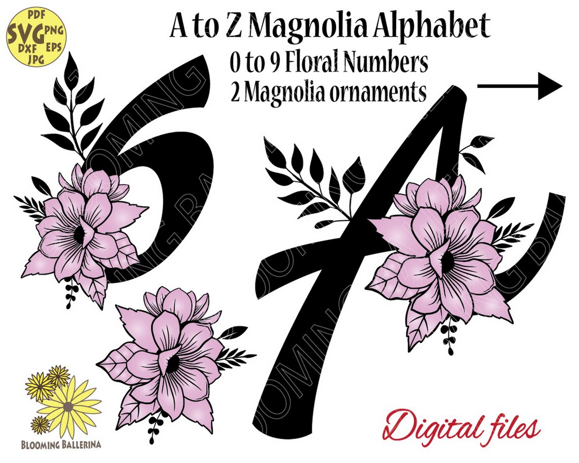 Floral A to Z Alphabet With Magnolias and Leaves Svg File, Flower 0 to ...