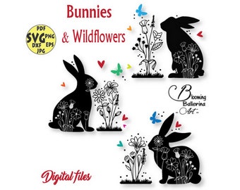 Paquete floral conejito svg, flores silvestres svg, primavera svg, conejito svg, imágenes prediseñadas de flores silvestres, hola primavera svg, feliz Pascua svg, conejito de Pascua svg