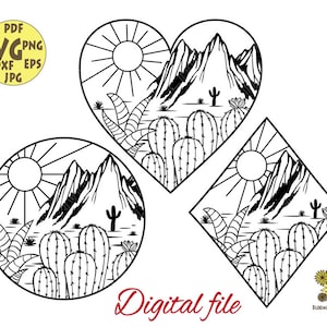 May include: Three black and white line art designs of a desert landscape with mountains, cacti, and a sun. The designs are in the shape of a heart, a circle, and a diamond.