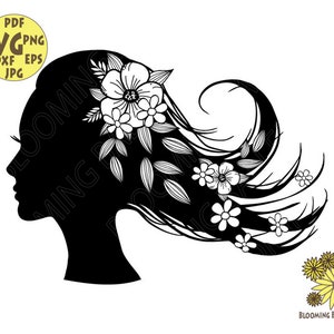 Womans Hair SVG file, Corona di fiori, Donna testa svg, File svg femminile, File taglio donna, Donna file svg, Womans Profilo Silhouette,Hair Flower Svg