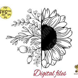 Sonnenblume Svg, halbe Sonnenblume mit botanischen Pflanzen Svg, Sonnenblume Monogramm Svg, botanische Svg, wilde Blumen Svg, Sonnenblume Png, Blätter Svg