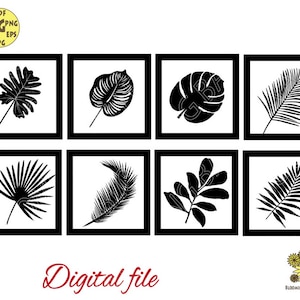 May include: Set of eight black and white silhouette images of tropical leaves in square frames. The leaves are arranged in a grid pattern. The images are digital files.