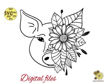 Cochon aux fleurs Svg, Porc Floral Svg, Farm Svg, Farm Animal Svg, Cute Animal Svg, Daisy Svg, Pig Clipart, Flower Animal Svg, Floral Svg