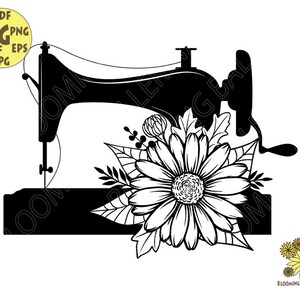 Puede incluir: Silueta negra de una máquina de coser con un diseño floral. Las flores son margaritas y otras flores pequeñas. El diseño es perfecto para proyectos de manualidades.