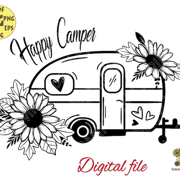 Flower Happy Camper, Daisy Svg, Daisy Van Svg, Flower Love Camping Svg, Adventure Svg, Mountains Svg, Floral Caravan Svg