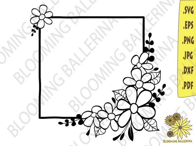 May include: A black and white floral frame with a square border. The frame is decorated with stylized flowers and leaves. The frame is perfect for adding a touch of elegance to your designs.
