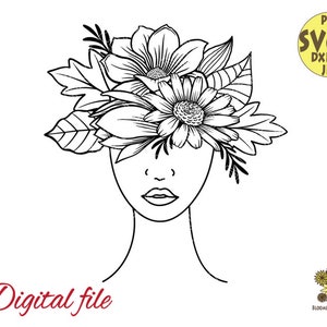 Woman Head with Flowers Svg, Magnolia and Daisy Flower Crown Svg, Leaves Svg, Woman Face Svg,Hair of Flowers Svg,Floral Woman Svg,Floral svg