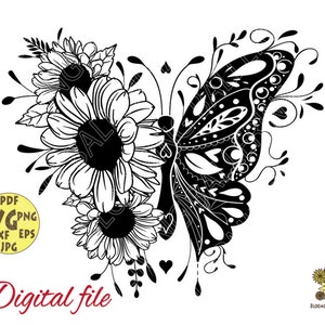 Sunflower Abstract Mandala Butterfly Svg file, Floral Butterflies Svg, Flower Butterfly Tattoo Svg, Handdraw Monarch Butterfly digital