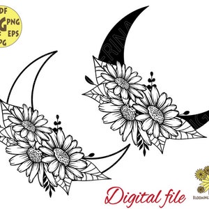 Mond mit Gänseblümchen Blumen und Blätter Svg Datei, Blumenmonde Svg, Floral Gänseblümchen Mond Svg, Mond Clipart, himmlische Svg, Pflanze Svg, botanische Svg