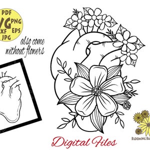 Realistic Hearts with Flowers Svg, Anatomical Heart Svg, Human Flower Heart Digital, Human Heart Clipart, Heart Organ with Leaves Svg