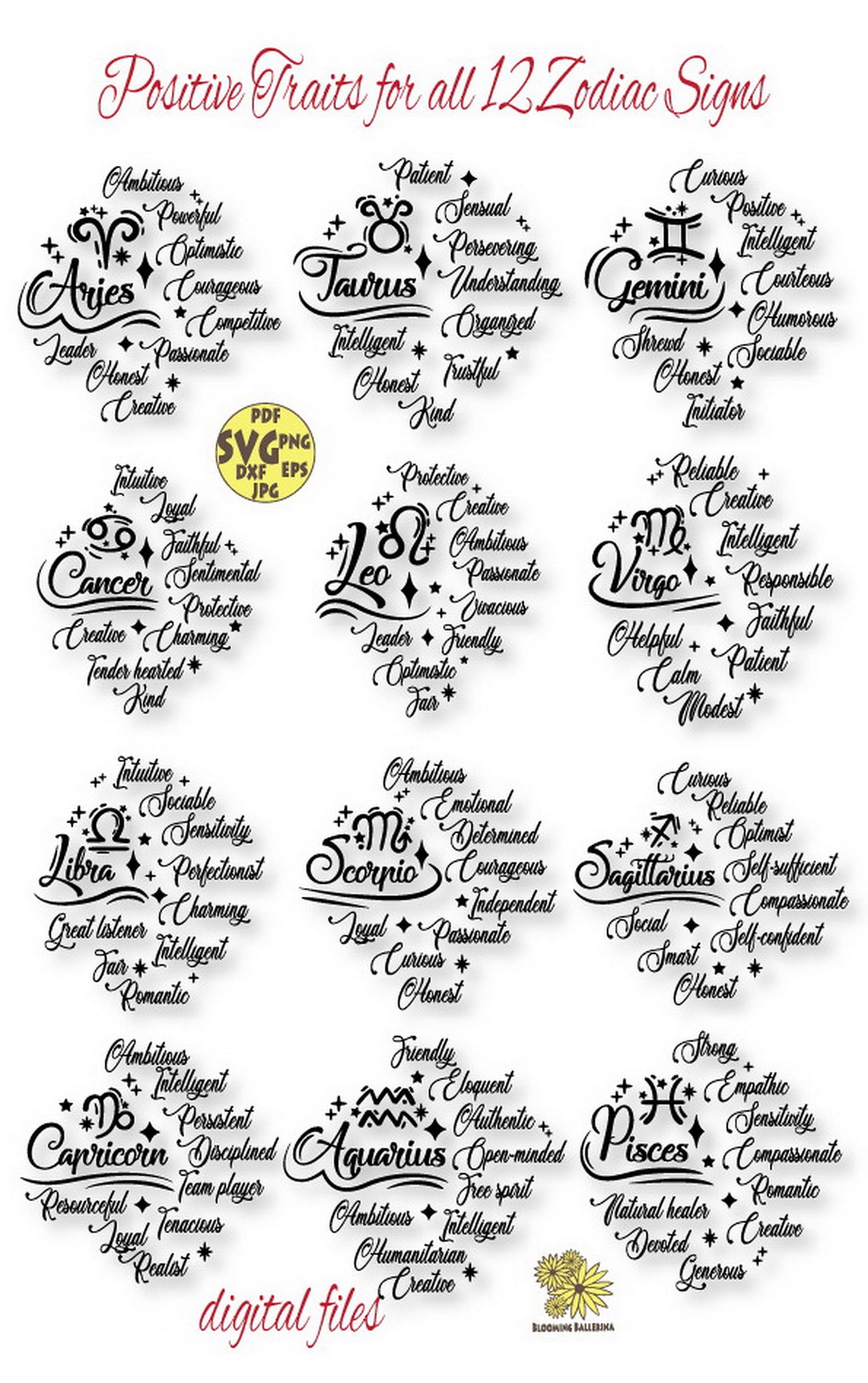 Zodiac Signs With Positive Traits Digital Files Zodiac Signs - Etsy