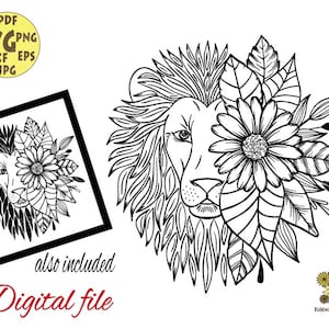 May include: Black and white digital file featuring a lion's face with a floral design. The lion's mane and the flowers are intricately detailed. The text "Digital file" is also included.